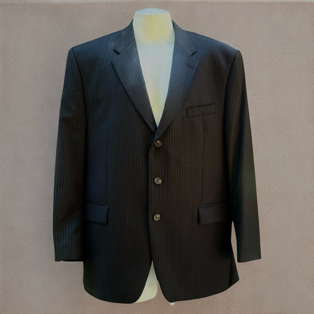 Ralph Lauren Sport Coat Jacket Chest 48” Black Wool Pinstripe Single‎ Breasted